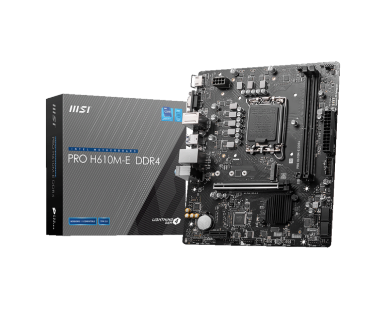 Placa de baza MSI PRO H610M-E LGA1700 DDR4   SPECIFICATIONS Model Name PRO H610M-E DDR4 CPU Support Supports 12th/ 13th Gen Intel® Core™ Processors
